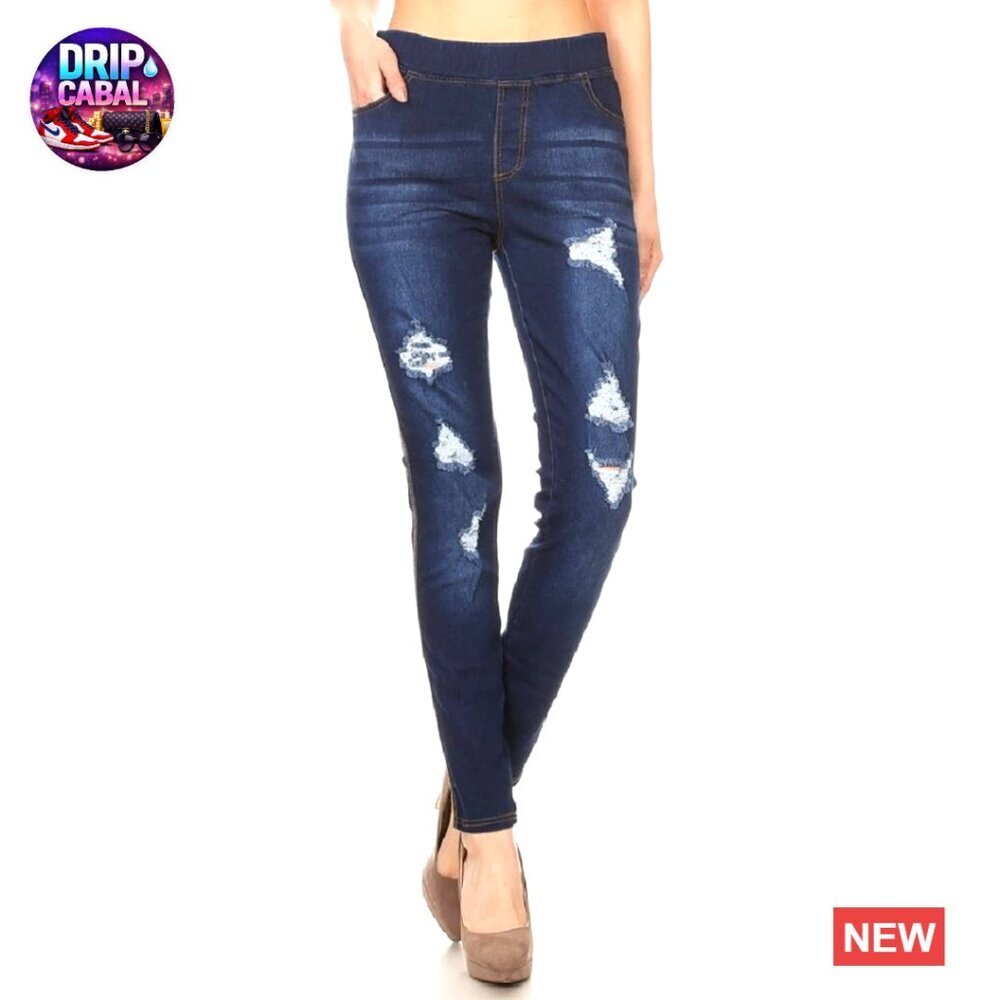 Stretch Pull-On Jeans Skinny Ripped Distressed Denim Jeggings Chic Casual